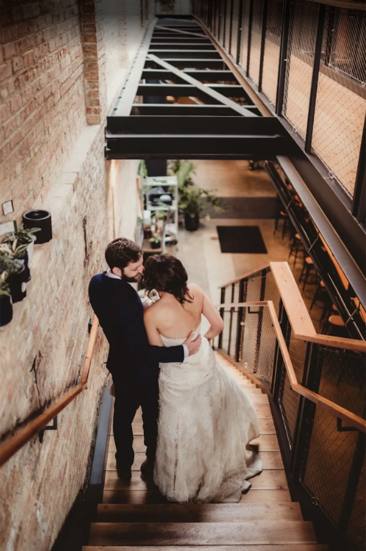 Couple portrait on the Garver Feed Mill stairs